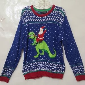 Blizzard Bay Men's Blue Santa T-Rex Small Bells Christmas Sweater Crewneck Large